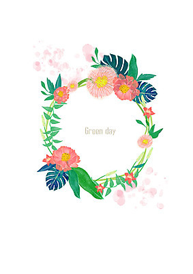 PSD 꽃 분홍색 백그라운드 꽃백그라운드 일러스트 나뭇잎 수채화 사람없음 풀잎 번짐 원형프레임 꽃프레임 몬스테라 열대잎 트로피컬아트 국내일러스트 식물 컬러 잎 프레임 원형 풀_식물 그림 파일형식 효과