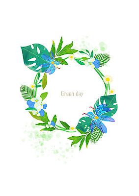 PSD 꽃 백그라운드 꽃백그라운드 일러스트 나뭇잎 수채화 사람없음 파란색 풀잎 번짐 원형프레임 꽃프레임 몬스테라 열대잎 트로피컬아트 국내일러스트 식물 컬러 잎 프레임 원형 풀_식물 그림 파일형식 효과