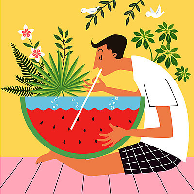 전신 남자 두마리 일러스트 조류 나뭇잎 수박 빨대 한명 사람 앉기 성인 마시기 마루 더위 시원함 수박씨 더위탈출 열대꽃 열대잎 국내일러스트 AI파일 동물 1 꽃 잎 2 과일 모션 날씨 바닥 씨앗 파일형식 벡터