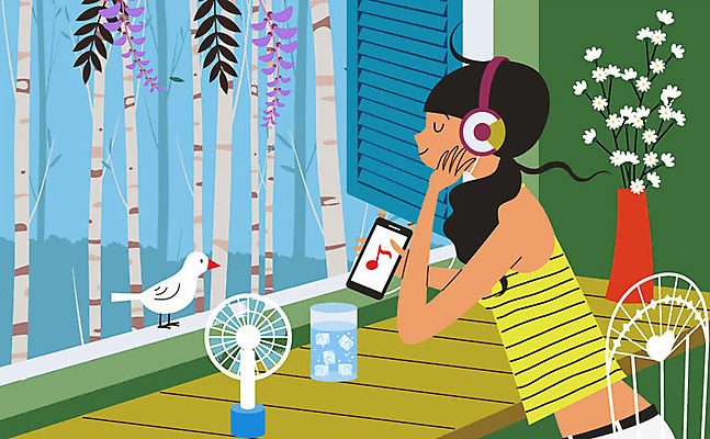 한마리 여자 일러스트 탁자 조류 한명 미소 사람 앉기 상반신 성인 스마트폰 민소매 꽃병 헤드셋 음악감상 더위 숲속 창가 더위탈출 얼음물 손풍기 국내일러스트 AI파일 동물 1 꽃 음향기기 가구 상의 창문 모션 날씨 표정 물 핸드폰 스마트기기 헤드폰 감상 선풍기 숲 휴대용 파일형식 벡터