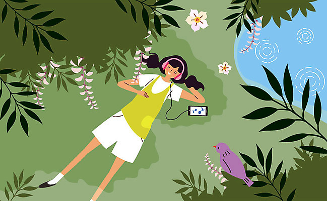 전신 한마리 여자 일러스트 조류 한명 사람 초원 성인 스마트폰 눕기 헤드셋 음악감상 나뭇가지 개울 더위 숲속 더위탈출 열대꽃 국내일러스트 AI파일 나무 동물 1 꽃 음향기기 모션 날씨 핸드폰 스마트기기 강 헤드폰 감상 숲 파일형식 벡터