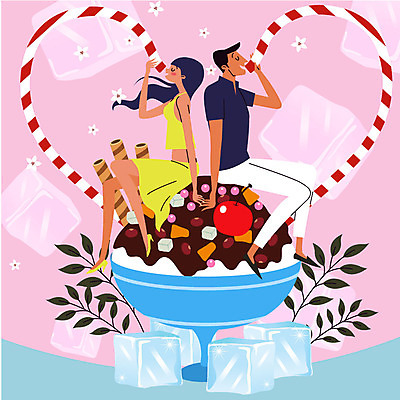 전신 커플 여자 남자 일러스트 여름음식 빨대 사람 앉기 성인 두명 과자 얼음 마시기 등맞대기 나뭇가지 하트 체리 더위 팥빙수 더위탈출 제철음식 국내일러스트 AI파일 자연요소 모양 나무 음식 과일 관계 모션 날씨 디저트 빙수 제철 파일형식 벡터 여름_계절