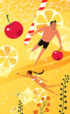 전신 커플 여자 남자 수영복 물결 오렌지 일러스트 나뭇잎 빨대 사람 성인 두명 얼음 수영 물방울 앵두 더위 시원함 더위탈출 국내일러스트 AI파일 자연요소 옷 열매 잎 과일 관계 날씨 수상스포츠 파일형식 벡터