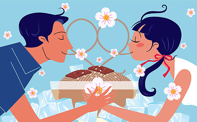 커플 여자 남자 일러스트 사람 상반신 성인 두명 눈감음 손잡기 얼음 하트 더위 시원함 냉모밀 먹기 더위탈출 열대꽃 국내일러스트 AI파일 자연요소 모양 꽃 관계 모션 날씨 메밀국수 파일형식 벡터