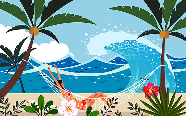 전신 구름 여자 파도 바다 일러스트 한명 사람 성인 해변 비키니 야자수 눕기 더위 저녁 기지개 해먹 더위탈출 열대꽃 열대잎 국내일러스트 AI파일 자연요소 나무 1 수영복 꽃 잎 모션 날씨 침대 야간 파일형식 벡터