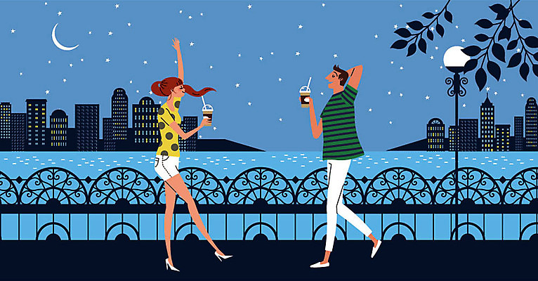 전신 커플 여자 남자 별 가로등 일러스트 난간 바람 미소 사람 빌딩 성인 두명 건물 강 마주보기 달 더위 강가 아이스커피 더위탈출 여름밤 테이크아웃컵 국내일러스트 AI파일 자연요소 건축물 공공시설 커피 관계 모션 날씨 표정 컵 여름 야간 파일형식 벡터