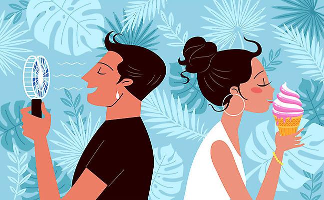 커플 여자 남자 일러스트 미소 사람 상반신 성인 두명 등맞대기 더위 시원함 먹기 땀 콘아이스크림 더위탈출 열대잎 손풍기 국내일러스트 AI파일 잎 관계 모션 날씨 아이스크림 표정 선풍기 휴대용 파일형식 벡터