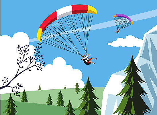 전신 구름 여자 남자 일러스트 산 사람 초원 성인 두명 레포츠 나뭇가지 더위 숲 즐거움 행글라이더 더위탈출 국내일러스트 AI파일 자연요소 나무 감정 스포츠 레저 날씨 파일형식 벡터