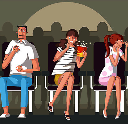 전신 여자 남자 일러스트 사람 성인 세명 놀람 더위 무서움 영화관 팝콘 공포영화 더위탈출 영화감상 국내일러스트 AI파일 감정 날씨 표정 감상 극장 영화 파일형식 벡터