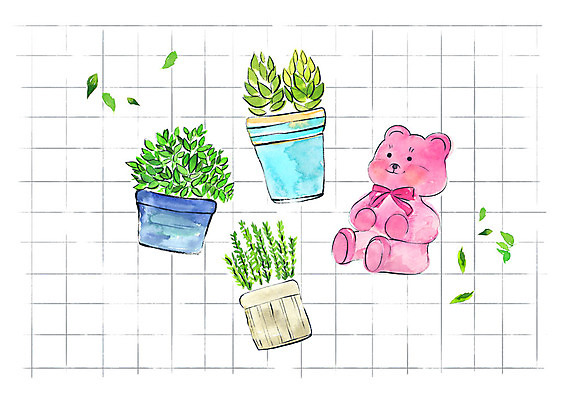 PSD 화분 일러스트 붓터치 수채화 사람없음 곰인형 풀잎 격자 국내일러스트 인형 잎 무늬 풀_식물 파일형식