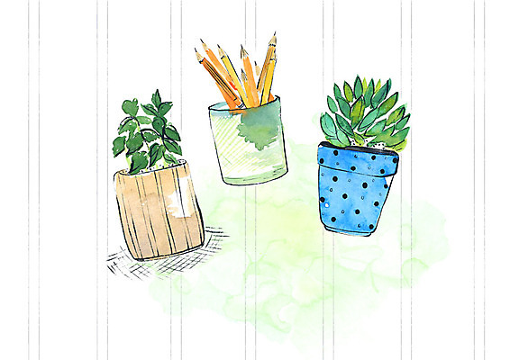 PSD 화분 일러스트 붓터치 수채화 사람없음 연필 두개 연필꽂이 다육식물 국내일러스트 식물 2 문구용품 학용품 필기구 파일형식