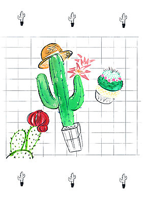 PSD 화분 일러스트 붓터치 수채화 선인장 사람없음 선인장꽃 격자 다육식물 챙모자 국내일러스트 식물 모자_잡화 꽃 무늬 파일형식