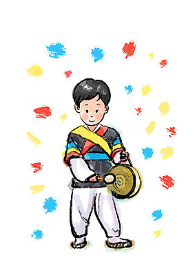 전신 PSD 한국전통 남자 전통문화 일러스트 캘리그라피 붓터치 한명 미소 사람 성인 풍물놀이 번짐 꽹과리 상쇠 국내일러스트 1 전통 문화 타악기 한국 표정 국악기 국악 파일형식 효과