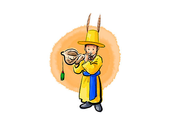 전신 PSD 한국전통 남자 전통문화 일러스트 캘리그라피 붓터치 국악 한명 사람 성인 연주자 소라 깃털 번짐 대취타 국내일러스트 1 전통 문화 음악 어패류 한국 음악가 파일형식 효과