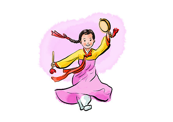 전신 PSD 한국전통 여자 전통문화 일러스트 캘리그라피 붓터치 한명 미소 사람 성인 한복 전통무용 번짐 댕기머리 소고 소고춤 국내일러스트 1 전통 헤어스타일 문화 타악기 한국 표정 국악기 춤 전통의상 파일형식 효과