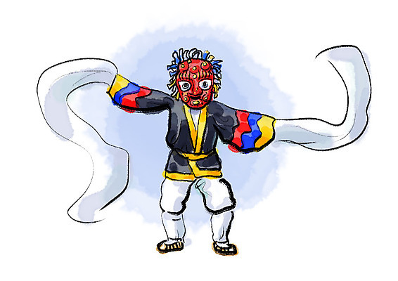 전신 PSD 한국전통 남자 전통문화 일러스트 캘리그라피 붓터치 한명 사람 성인 탈춤 번짐 탈 국내일러스트 1 전통 문화 한국 가면 전통공연 전통무용 파일형식 효과