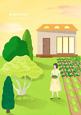 전신 PSD 나무 여자 일러스트 휴식 주택 쟁반 한명 사람 잔디 성인 농작물 공간 수확 시골 채소밭 안식처 휴식처 국내일러스트 식물 1 컨셉 밭 농업 건물 파일형식