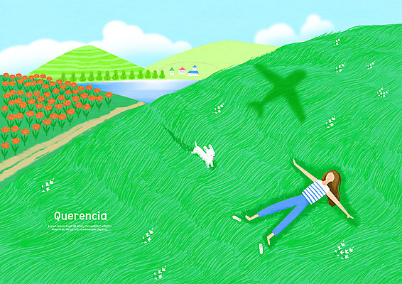 전신 PSD 나무 한마리 여자 꽃밭 일러스트 휴식 산 주택 한명 사람 초원 성인 강 눕기 공간 들꽃 강아지 들풀 동산 반려 안식처 휴식처 국내일러스트 식물 1 꽃 컨셉 모션 건물 반려동물 개 파일형식