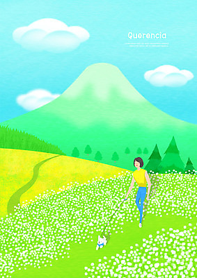 전신 PSD 나무 구름 한마리 여자 일러스트 하늘 휴식 산 한명 사람 성인 산책 공간 강아지 숲 목줄 꽃동산 반려 안식처 휴식처 국내일러스트 자연요소 식물 1 컨셉 반려동물 개 파일형식 반려용품