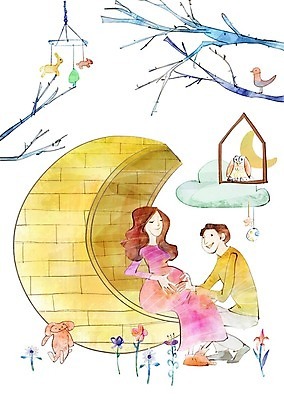 전신 PSD 구름 부부 커플 여자 남자 꽃 행복 인형 일러스트 가족 사랑 미소 사람 앉기 성인 두명 임산부 임신 만지기 나뭇가지 초승달 모빌 국내일러스트 자연요소 나무 식물 감정 관계 모션 표정 아기용품 달 파일형식