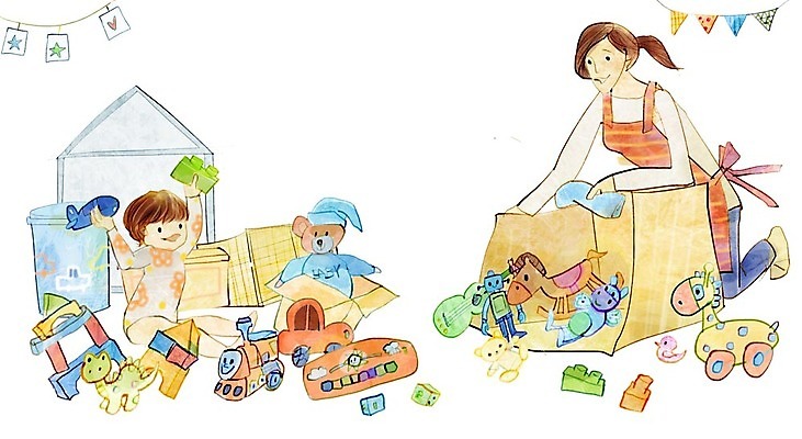 전신 PSD 여자 일러스트 가족 사랑 미소 들기 사람 성인 두명 상자 장난감 앞치마 블록 곰인형 아기 청소 즐거움 기차모형 흔들목마 국내일러스트 감정 인형 관계 모션 표정 모형 목마 파일형식