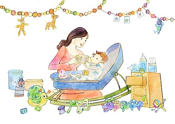 전신 PSD 응시 여자 인형 일러스트 가족 사랑 미소 사람 앉기 성인 두명 장난감 쓰레기통 아기 젖병 먹여주기 서랍장 딸랑이 모빌 흔들침대 국내일러스트 시선 감정 가구 관계 모션 표정 아기용품 침대 먹기 파일형식