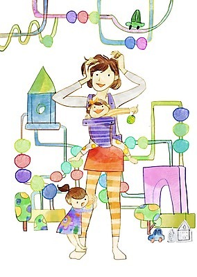 전신 PSD 여자 일러스트 가족 매달리기 사탕 미소 사람 성인 세명 장난감 블록 놀이방 육아 아기 힘듦 아기띠 국내일러스트 컨셉 관계 모션 디저트 표정 아기용품 파일형식