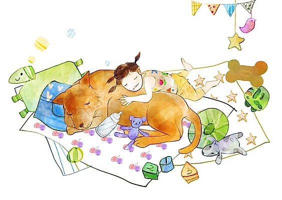 전신 PSD 한마리 여자 인형 일러스트 가족 베개 사랑 한명 사람 장난감 기댐 카펫 아기 잠 강아지 낮잠 국내일러스트 1 감정 관계 침구 모션 반려동물 개 파일형식