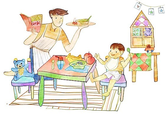 전신 PSD 접시 남자 어린이 일러스트 가족 식탁 바나나 사랑 요리 미소 사람 성인 두명 장난감 앞치마 곰인형 육아 사과 먹기 요리책 국내일러스트 식기 감정 인형 과일 관계 모션 탁자 표정 책 파일형식