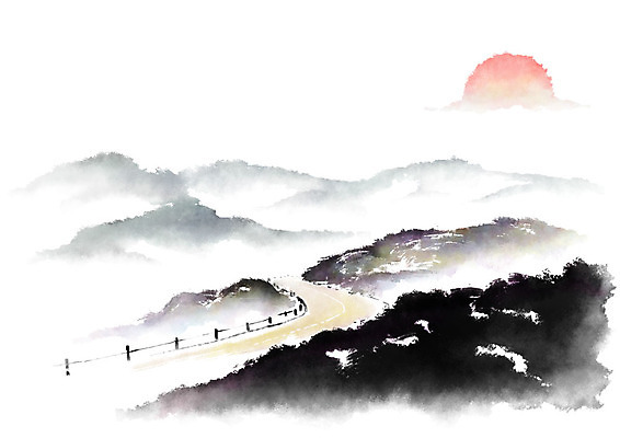 PSD 도로 일러스트 캘리그라피 붓터치 산 수묵화 풍경 사람없음 울타리 강 태양 산등성이 번짐 국내일러스트 자연요소 길 교통시설 미술 담장 파일형식 효과