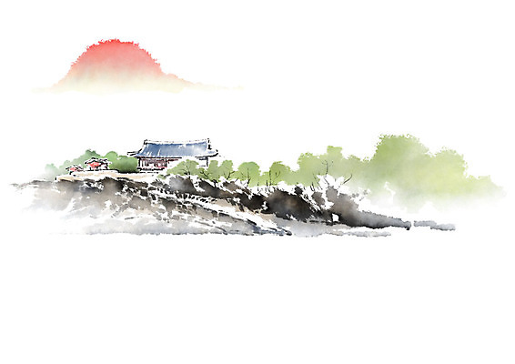 PSD 일러스트 캘리그라피 붓터치 산 수묵화 풍경 사람없음 강 태양 사찰 언덕 번짐 국내일러스트 자연요소 종교건축 미술 파일형식 효과