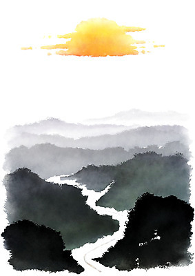 PSD 나무 일러스트 캘리그라피 붓터치 산 수묵화 풍경 사람없음 강 태양 골짜기 산등성이 번짐 국내일러스트 자연요소 식물 자연 미술 파일형식 효과