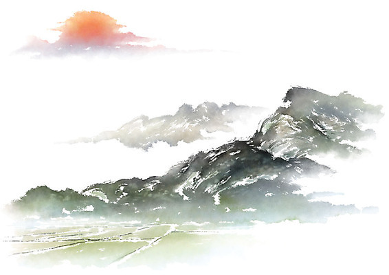 PSD 일러스트 캘리그라피 붓터치 산 수묵화 풍경 사람없음 강 태양 농경지 번짐 국내일러스트 자연요소 미술 농장 파일형식 효과