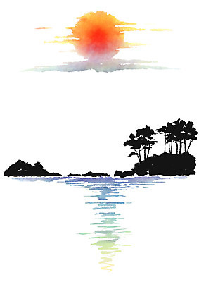 PSD 나무 섬 일러스트 캘리그라피 붓터치 산 수묵화 풍경 사람없음 강 태양 반사 번짐 국내일러스트 자연요소 식물 미술 파일형식 효과