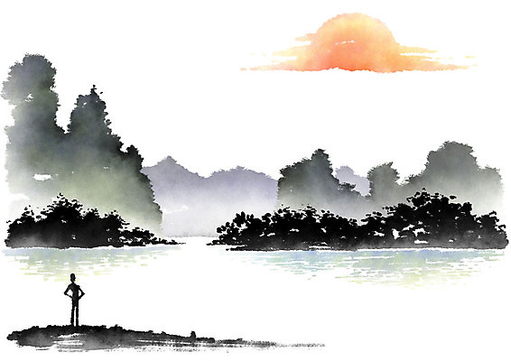 전신 PSD 나무 일러스트 캘리그라피 붓터치 산 수묵화 한명 사람 풍경 성인 강 태양 숲 번짐 국내일러스트 자연요소 식물 1 미술 파일형식 효과