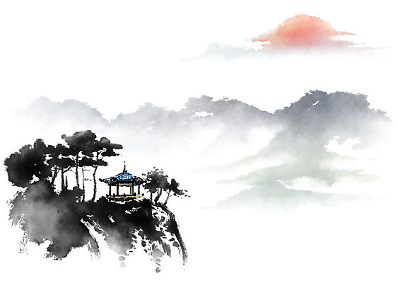 PSD 나무 일러스트 캘리그라피 붓터치 산 수묵화 풍경 사람없음 강 태양 정상 정자 번짐 국내일러스트 자연요소 식물 건축물 미술 파일형식 효과