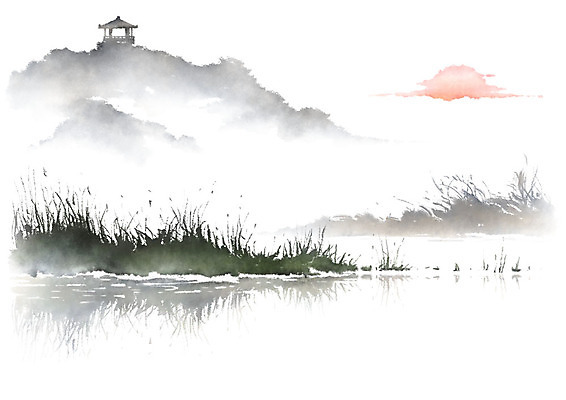 PSD 일러스트 캘리그라피 붓터치 산 수묵화 풍경 사람없음 강 태양 숲 정자 번짐 국내일러스트 자연요소 건축물 미술 파일형식 효과