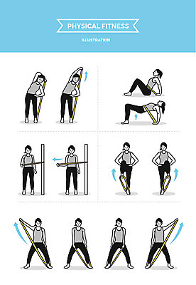 전신 여자 포즈 일러스트 사람 여러명 성인 운동 스트레칭 당기기 팔운동 하체운동 헬스밴드 국내일러스트 AI파일 다수 모션 건강 파일형식 벡터