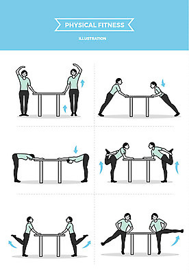 전신 여자 포즈 일러스트 탁자 사람 여러명 성인 운동 스트레칭 맨손체조 하체운동 허리운동 국내일러스트 AI파일 가구 다수 건강 체조 파일형식 벡터