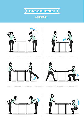 전신 여자 일러스트 탁자 서기 사람 앉기 여러명 성인 운동 맨손체조 옆구리운동 하체운동 허리운동 국내일러스트 AI파일 가구 다수 모션 건강 스트레칭 체조 파일형식 벡터