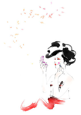 PSD 전통 응시 여자 일러스트 캘리그라피 붓터치 날리기 나뭇잎 한명 들기 사람 성인 뷰티 거울 한국인 한복 올림머리 번짐 메이크업브러쉬 파우더팩트 국내일러스트 1 한국전통 헤어스타일 시선 잎 모션 동양인 화장품 붓 전통의상 파일형식 효과