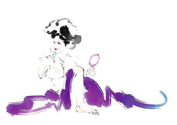 PSD 전통 응시 여자 일러스트 캘리그라피 붓터치 한명 미소 사람 성인 뷰티 한국인 한복 손거울 올림머리 번짐 메이크업브러쉬 국내일러스트 1 한국전통 헤어스타일 시선 표정 동양인 거울 붓 전통의상 파일형식 효과