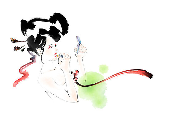 PSD 전통 응시 여자 일러스트 캘리그라피 붓터치 한명 미소 사람 성인 뷰티 거울 한국인 립스틱 바르기 올림머리 번짐 비녀 국내일러스트 1 헤어스타일 시선 모션 전통소품 표정 동양인 화장품 파일형식 효과 헤어액세사리