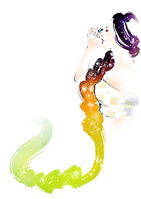 PSD 전통 여자 일러스트 캘리그라피 붓터치 한명 사람 성인 뷰티 한국인 한복 마스카라 번짐 댕기머리 국내일러스트 1 한국전통 헤어스타일 동양인 화장품 전통의상 파일형식 효과