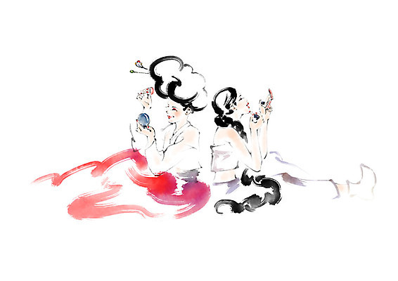 PSD 전통 응시 여자 일러스트 캘리그라피 붓터치 미소 사람 성인 두명 거울 한국인 립스틱 등맞대기 한복 바르기 올림머리 번짐 댕기머리 비녀 파우더팩트 국내일러스트 한국전통 헤어스타일 시선 모션 전통소품 표정 동양인 화장품 전통의상 파일형식 효과 헤어액세사리