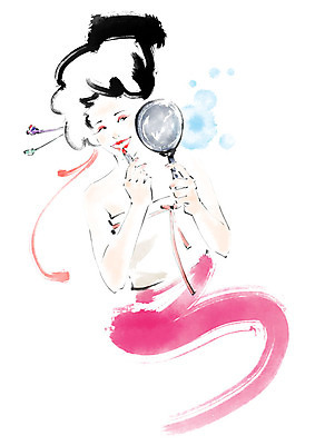 PSD 전통 응시 여자 일러스트 캘리그라피 붓터치 한명 미소 사람 성인 화장품 한국인 립스틱 한복 바르기 손거울 올림머리 번짐 비녀 국내일러스트 1 한국전통 헤어스타일 시선 모션 전통소품 표정 동양인 뷰티 거울 전통의상 파일형식 효과 헤어액세사리