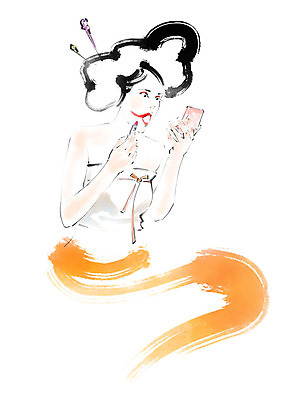 PSD 전통 응시 여자 일러스트 캘리그라피 붓터치 한명 사람 성인 놀람 거울 한국인 립스틱 한복 바르기 올림머리 번짐 비녀 국내일러스트 1 한국전통 헤어스타일 시선 감정 모션 전통소품 표정 동양인 화장품 전통의상 파일형식 효과 헤어액세사리