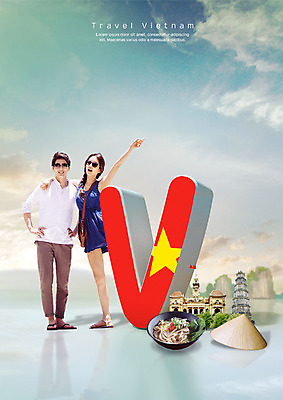 전신 PSD 편집이미지 커플 여자 남자 여행 사람 성인 두명 30대 손들기 한국인 즐거움 베트남 동남아음식 쌀국수 전통모자 하롱베이 성인만 나트랑 어깨에손 이미지편집 모자_잡화 감정 음식 관계 모션 동양인 장년 동남아시아 국수 베트남음식 파일형식