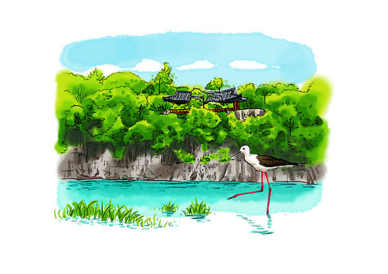 PSD 나무 구름 한마리 호수 일러스트 캘리그라피 자연 조류 하늘 붓터치 풍경 사람없음 강 숲 정자 번짐 국내일러스트 자연요소 식물 동물 1 건축물 생태계 파일형식 효과