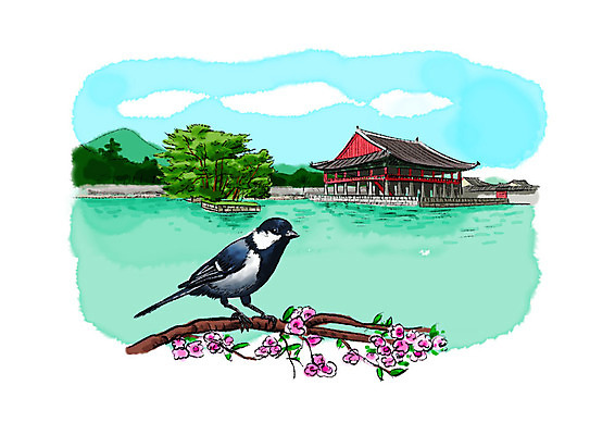 PSD 나무 동물 구름 한마리 호수 일러스트 캘리그라피 조류 하늘 붓터치 산 풍경 사람없음 궁전 번짐 까치 꽃가지 국내일러스트 자연요소 식물 1 꽃 고건축 나뭇가지 파일형식 효과